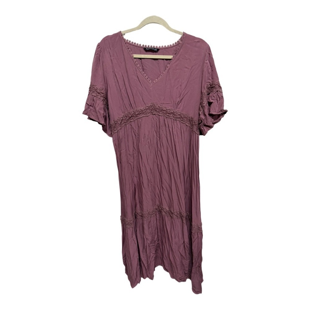 Cottage Core Purple Short Sleeve Lace Embroidered Midi Dress Size 14/16